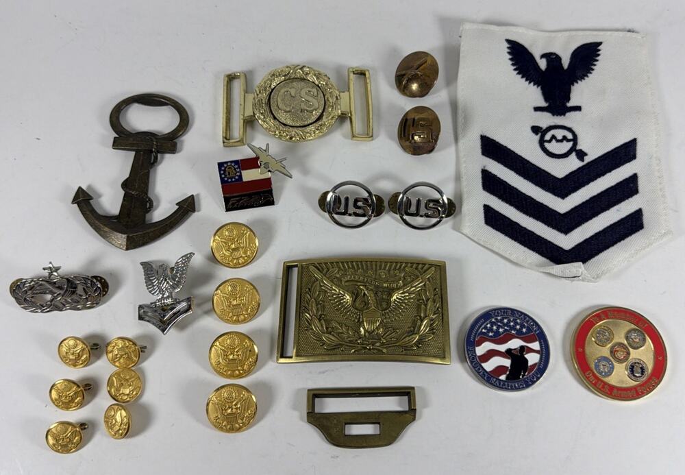 Lot of Military Pins Coins Insignia Belt Buckles Buttons & More